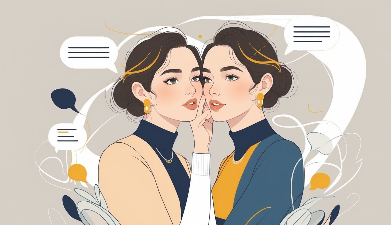 Two twins quietly whispering to each other, showing a close and trusting connection.