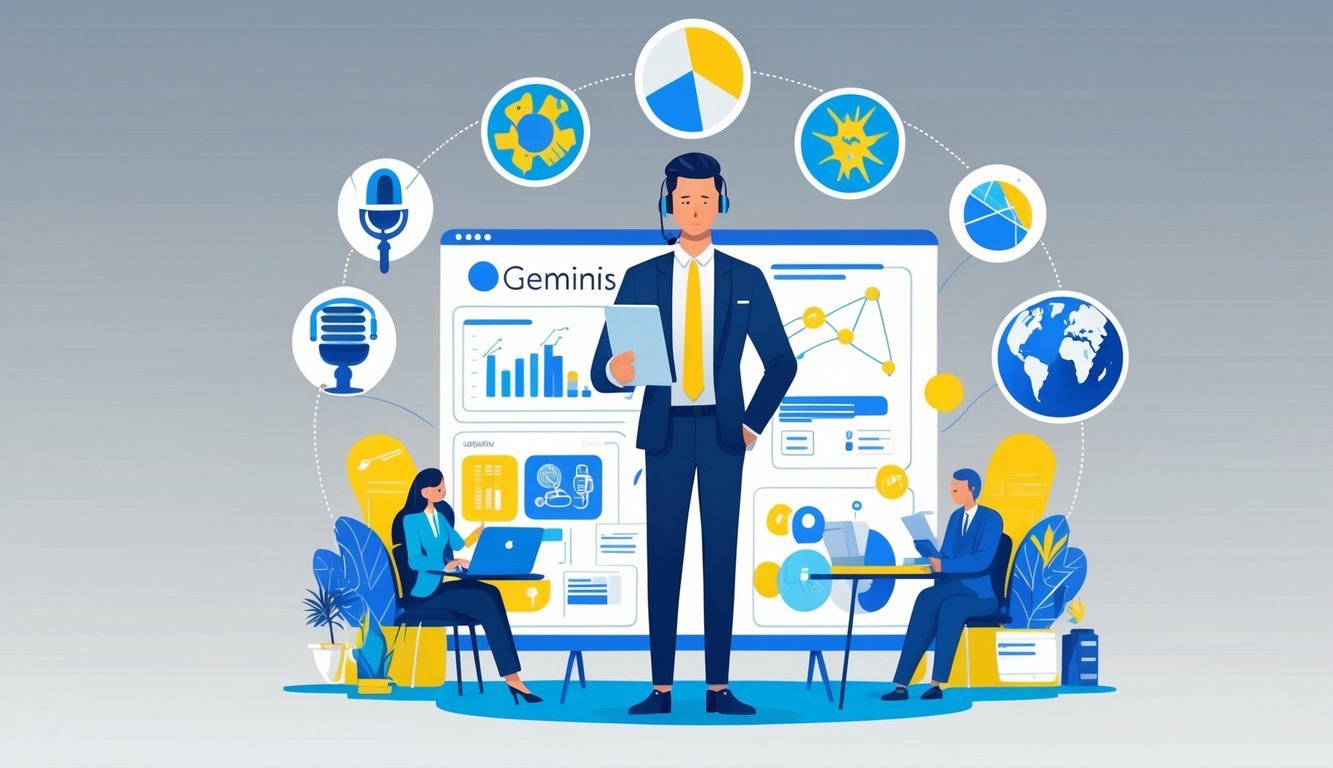 A Public Relations Specialist in an office surrounded by six icons representing different career paths, including media, marketing, corporate communications, social media, event coordination, and international relations.