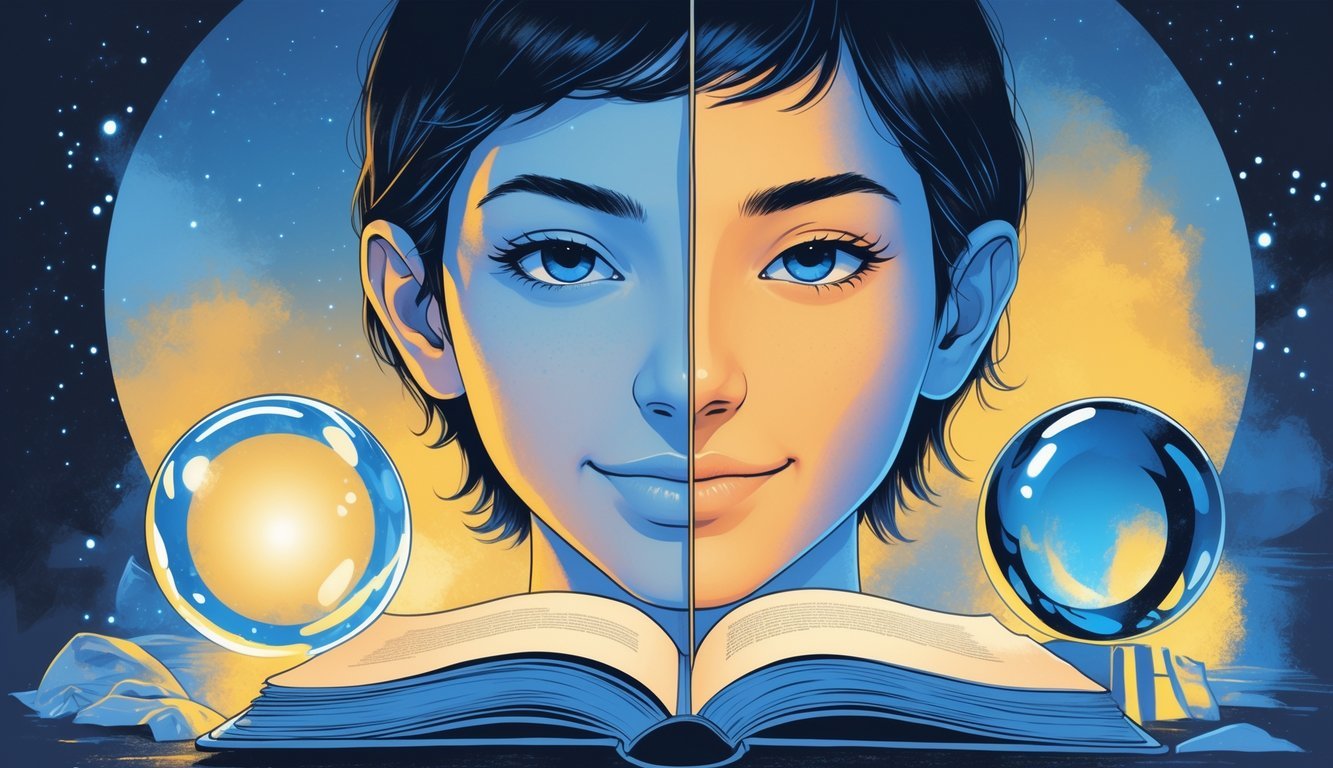 A split portrait of a person showing two contrasting expressions, one sly and one sincere, surrounded by symbols of honesty like a clear glass orb and an open book, with a background blending night and day.