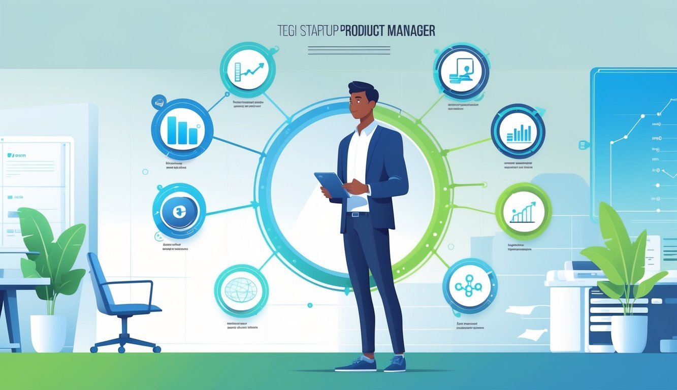 A tech startup product manager surrounded by six icons representing different career paths, standing in a modern office setting.