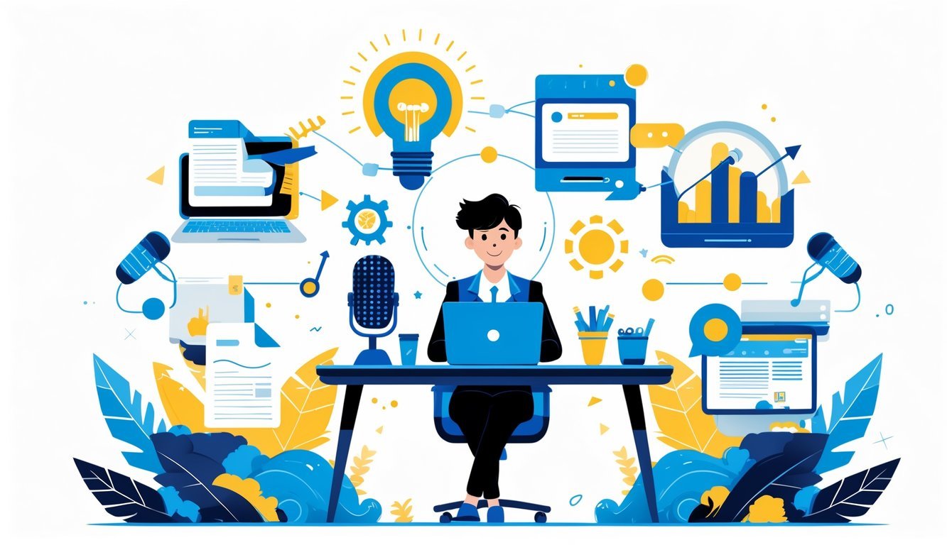 A person writing at a desk surrounded by six icons representing different career paths such as broadcasting, journalism, entrepreneurship, communication, digital marketing, and performing arts, with subtle twin symbols in the background.