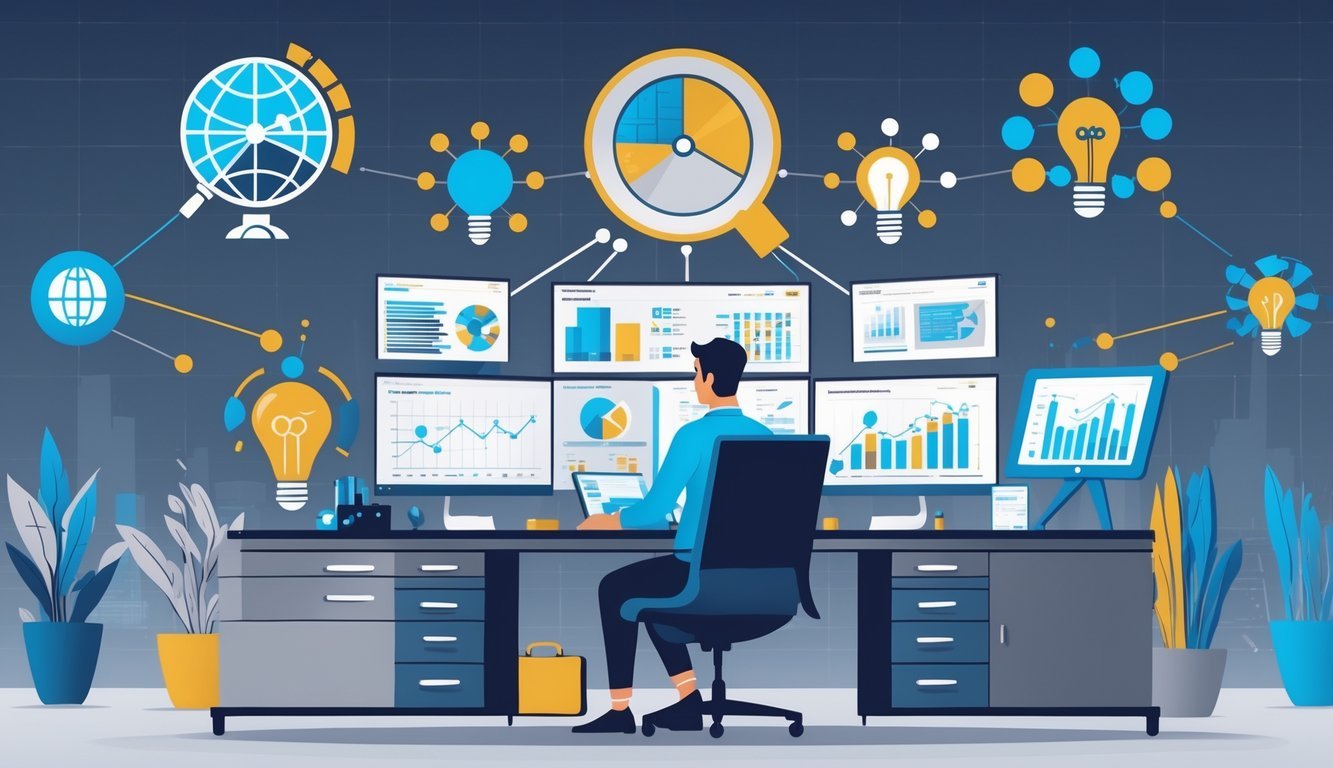 A market research analyst working at a desk with six icons around them representing different career paths, set in a modern office.