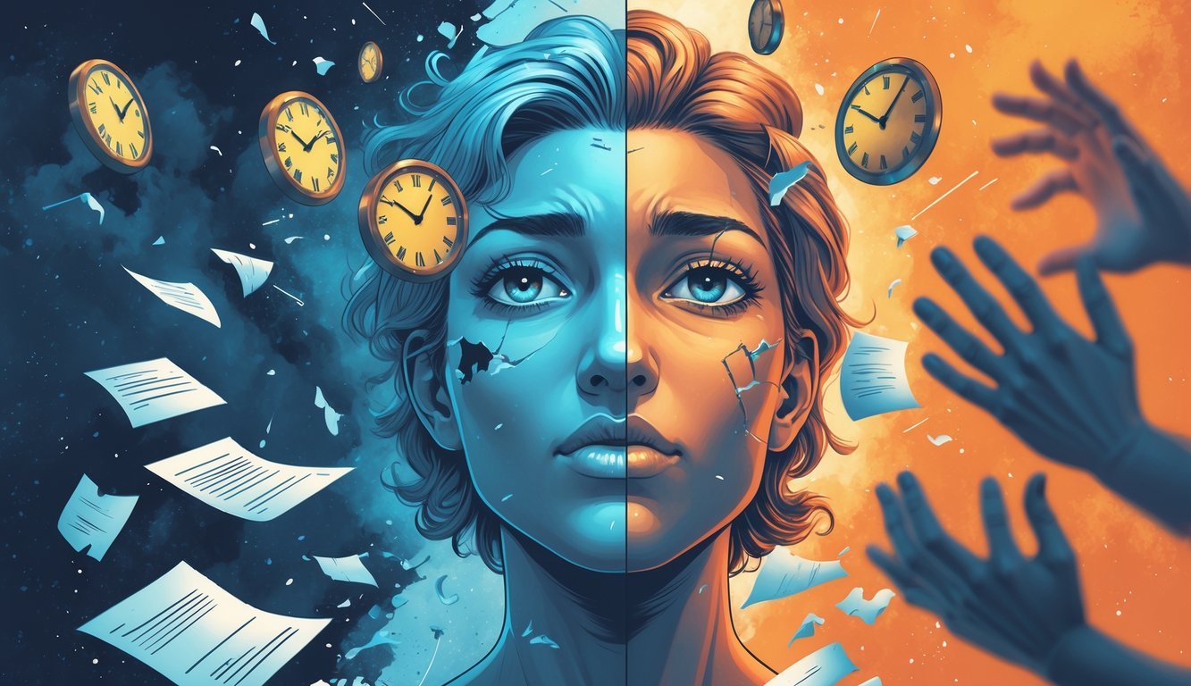 A split scene showing a Gemini figure with two faces looking frustrated, surrounded by broken clocks and torn papers, with fading hands reaching out in the background.