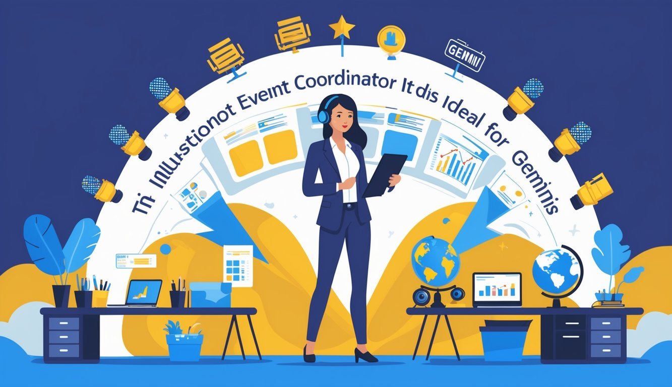 An event coordinator standing in the center of a workspace surrounded by symbols representing six career paths including public speaking, digital marketing, project management, media production, travel planning, and client relations.