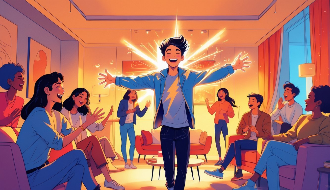 A lively young adult stands out in a warm, modern room filled with people who are smiling and engaged, highlighting their energetic presence.