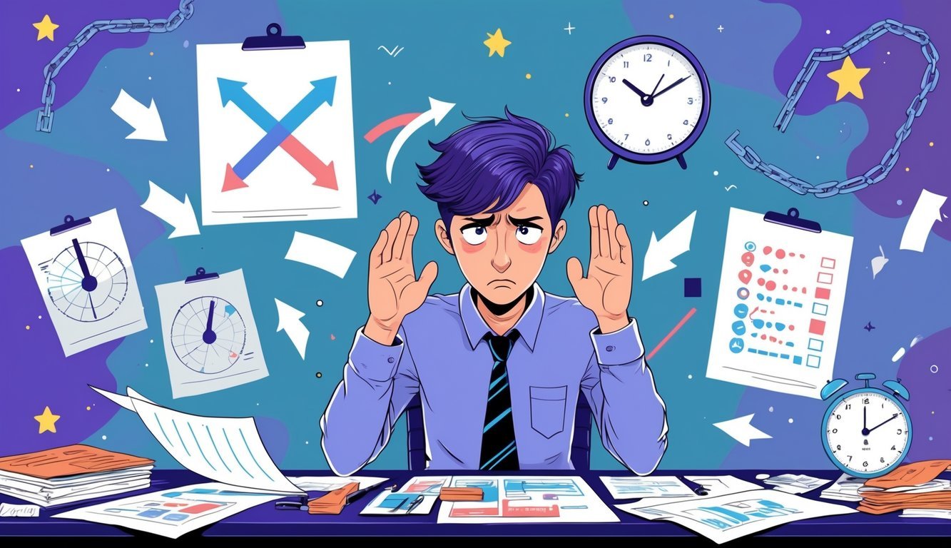 A person looking frustrated and tense while sitting at a desk filled with papers and clocks, surrounded by two opposing arrows and symbols representing pressure to make quick, rigid decisions.