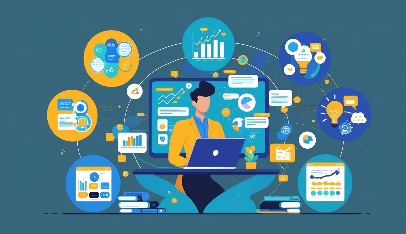 A digital marketing strategist working on a laptop surrounded by six icons representing different career paths, including content creation, data analysis, social media management, brand strategy, SEO, and communications.