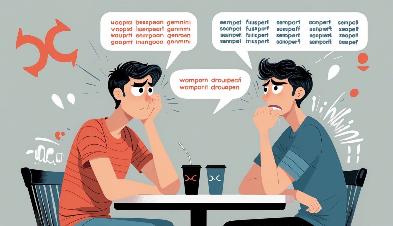 A frustrated young adult sitting at a café table, showing impatience during a repetitive conversation with another person.