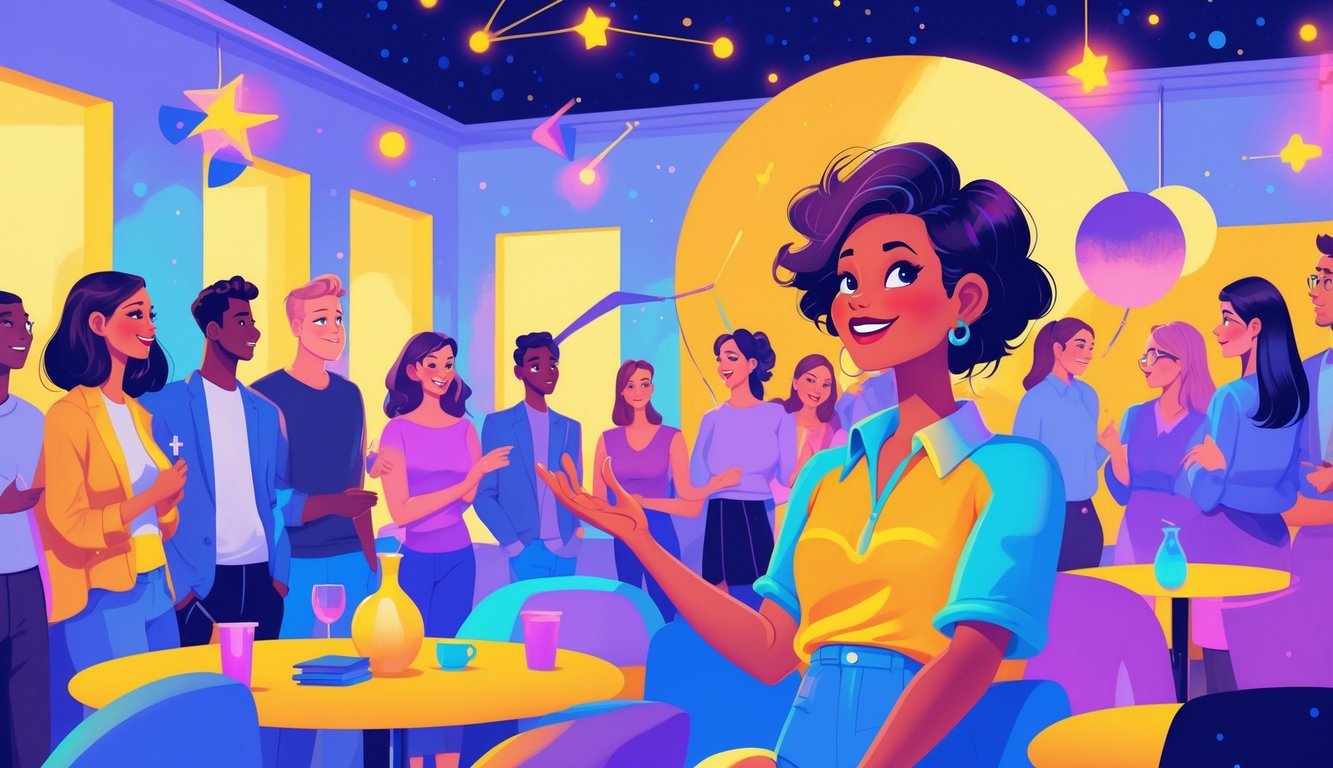 A confident person engaging a group of people in a lively room, with others listening attentively and showing interest.