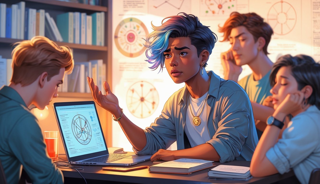 A young adult with dual-colored hair looks frustrated while sitting at a desk with books and a laptop, as two other people nearby appear distracted and uninterested.