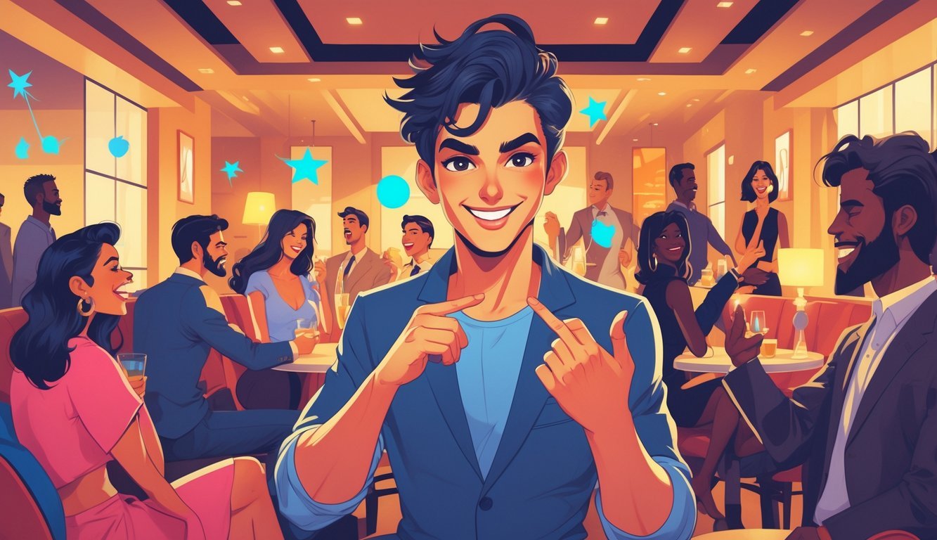 A lively social scene with a person at the center showing two different facial expressions, engaging confidently with others in a stylish room.