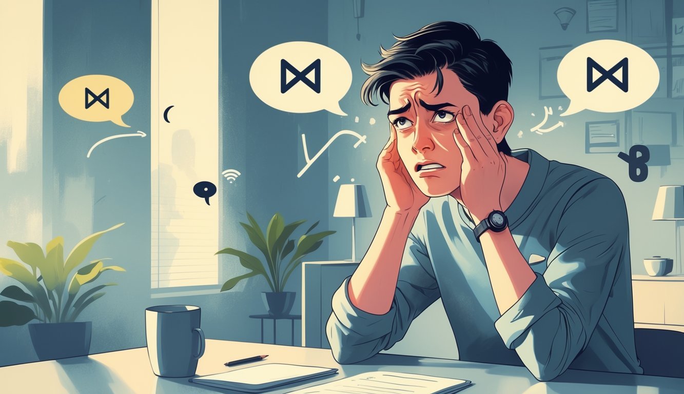 A young adult with two contrasting facial expressions sits at a table, looking frustrated and distant, surrounded by fading speech bubbles and muted voices, symbolizing feeling ignored.