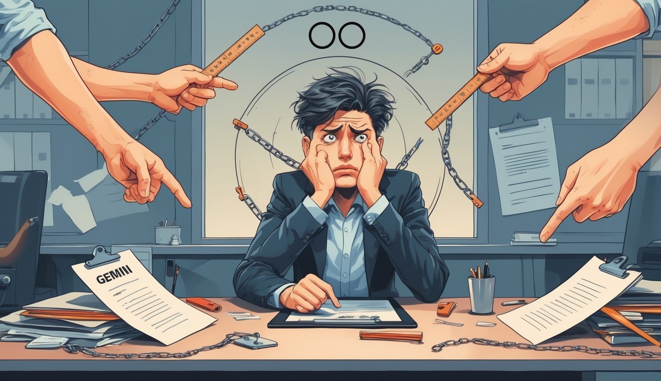 A person with two faces looks frustrated at a desk surrounded by hovering hands holding rulers and clipboards, symbolizing micromanagement and lack of freedom.