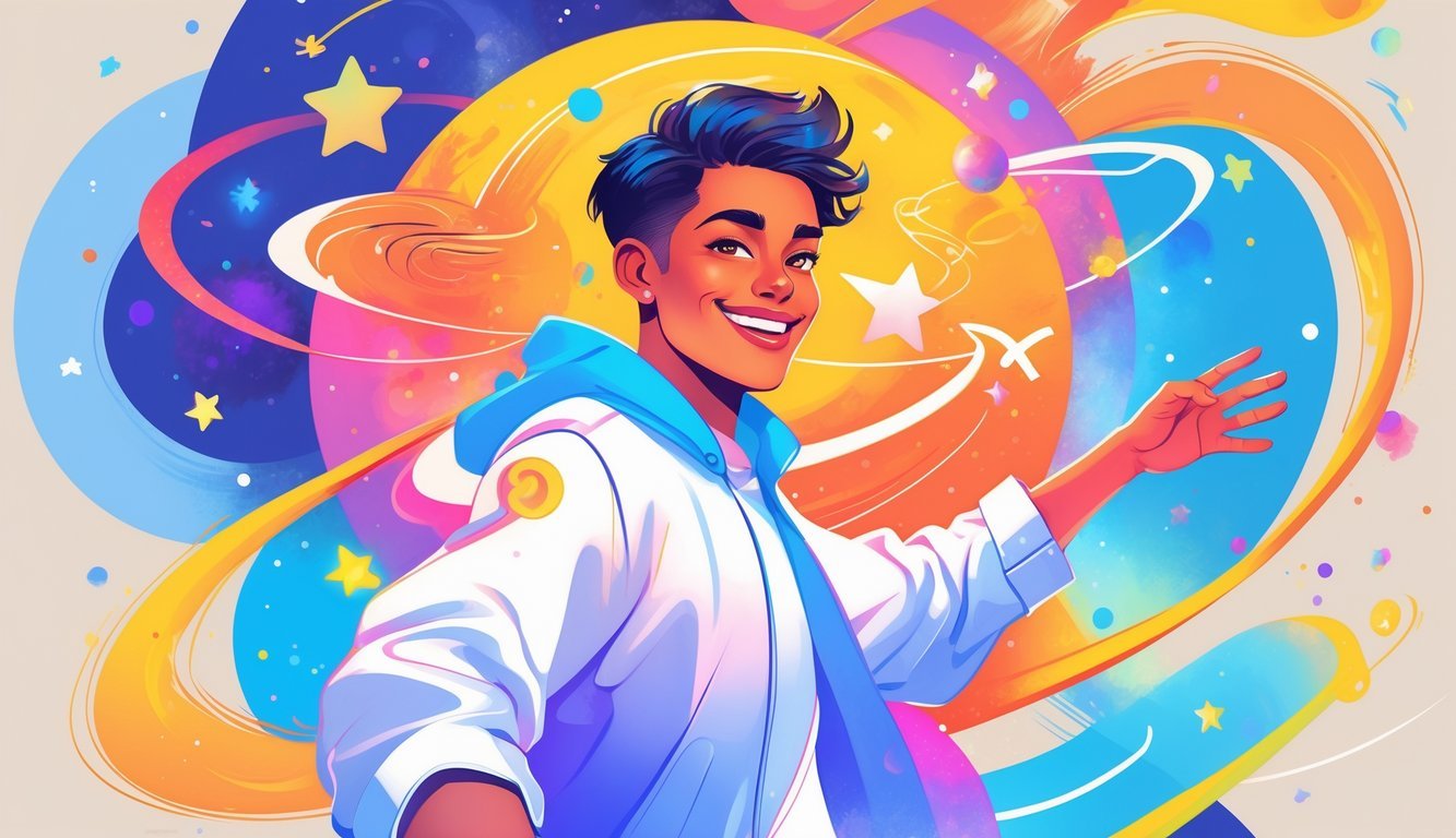 A confident young adult surrounded by colorful swirling shapes and stars, reaching forward with an enthusiastic expression.