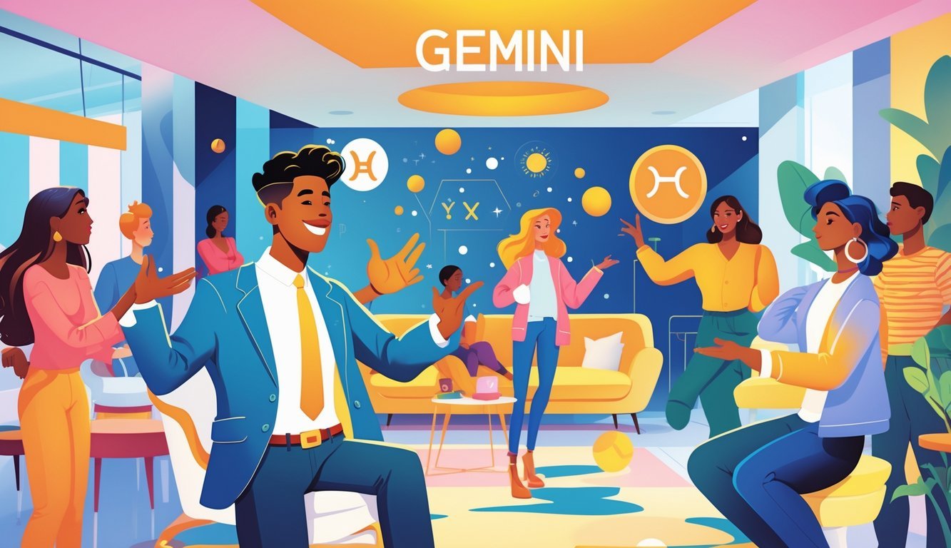 A confident person with two contrasting facial expressions stands in a lively social room, surrounded by diverse people, symbolizing playful and intelligent communication.