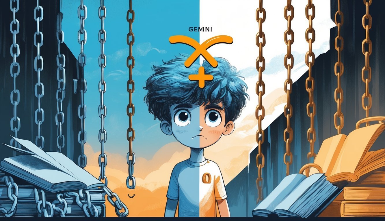 A person with two contrasting expressions, one open and one frustrated, surrounded by locked chains and metal bars, symbolizing closed-mindedness and rigid rules.