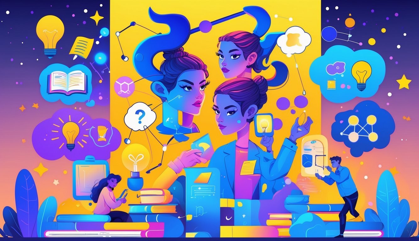 Two mirrored young adults surrounded by symbols of knowledge and celestial elements, exploring ideas and learning.