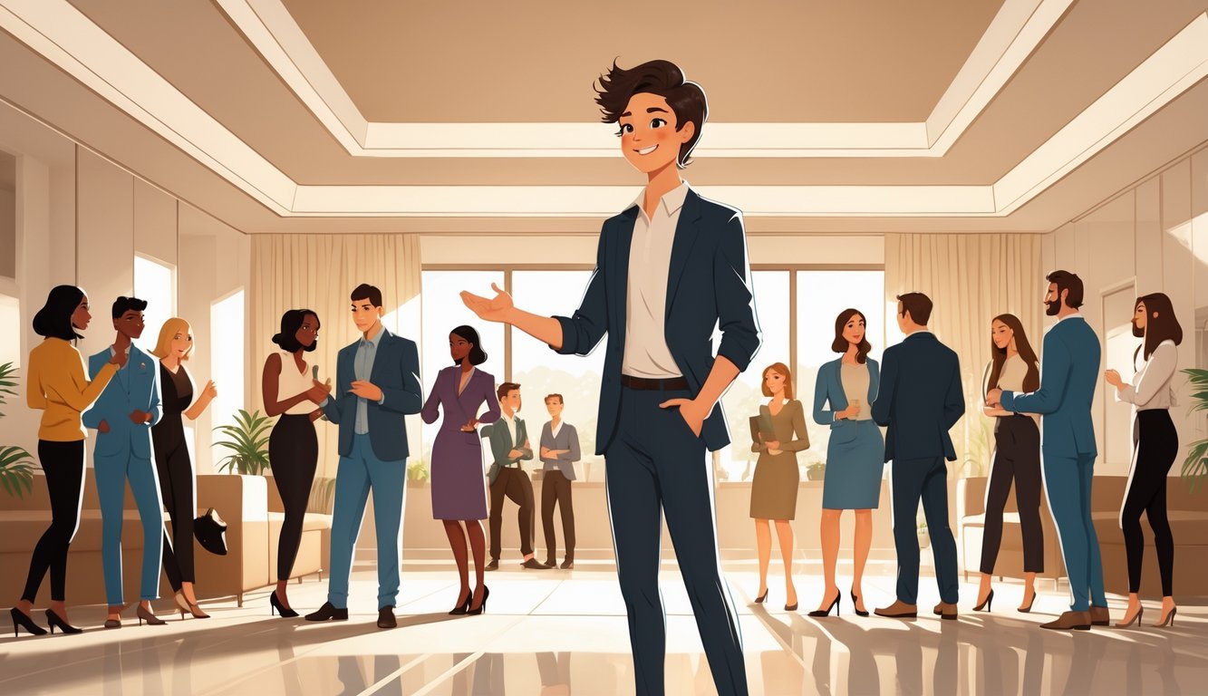 A person standing confidently in the middle of a social gathering, observing and understanding the interactions of various groups around them.