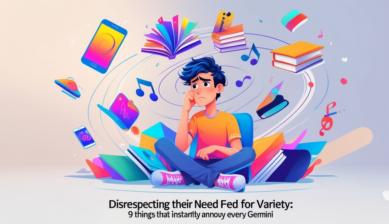 A person surrounded by various colorful objects representing variety, showing a thoughtful and slightly frustrated expression.