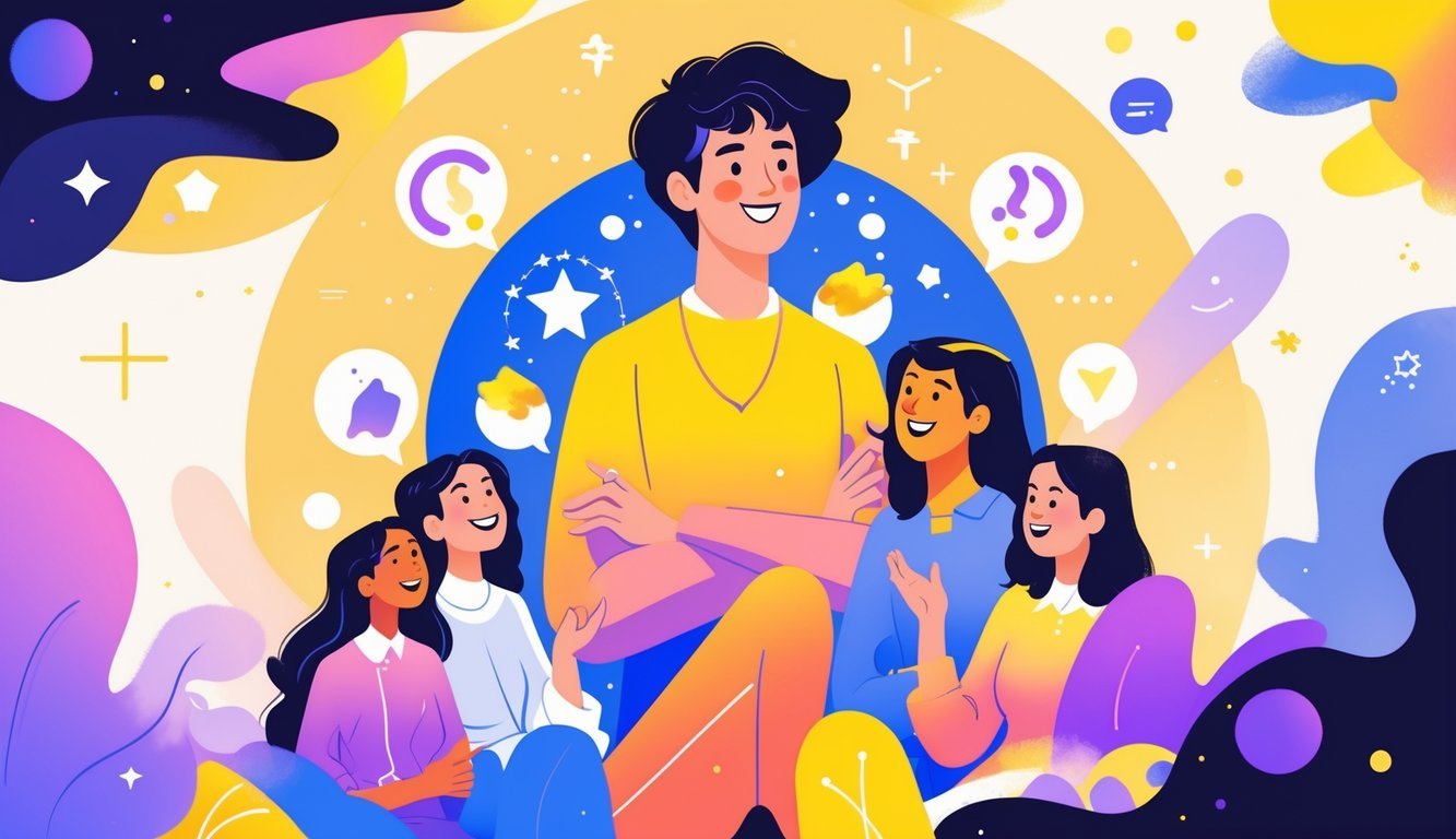 A young person engaging warmly with others in a lively social setting, surrounded by subtle twin and star motifs.
