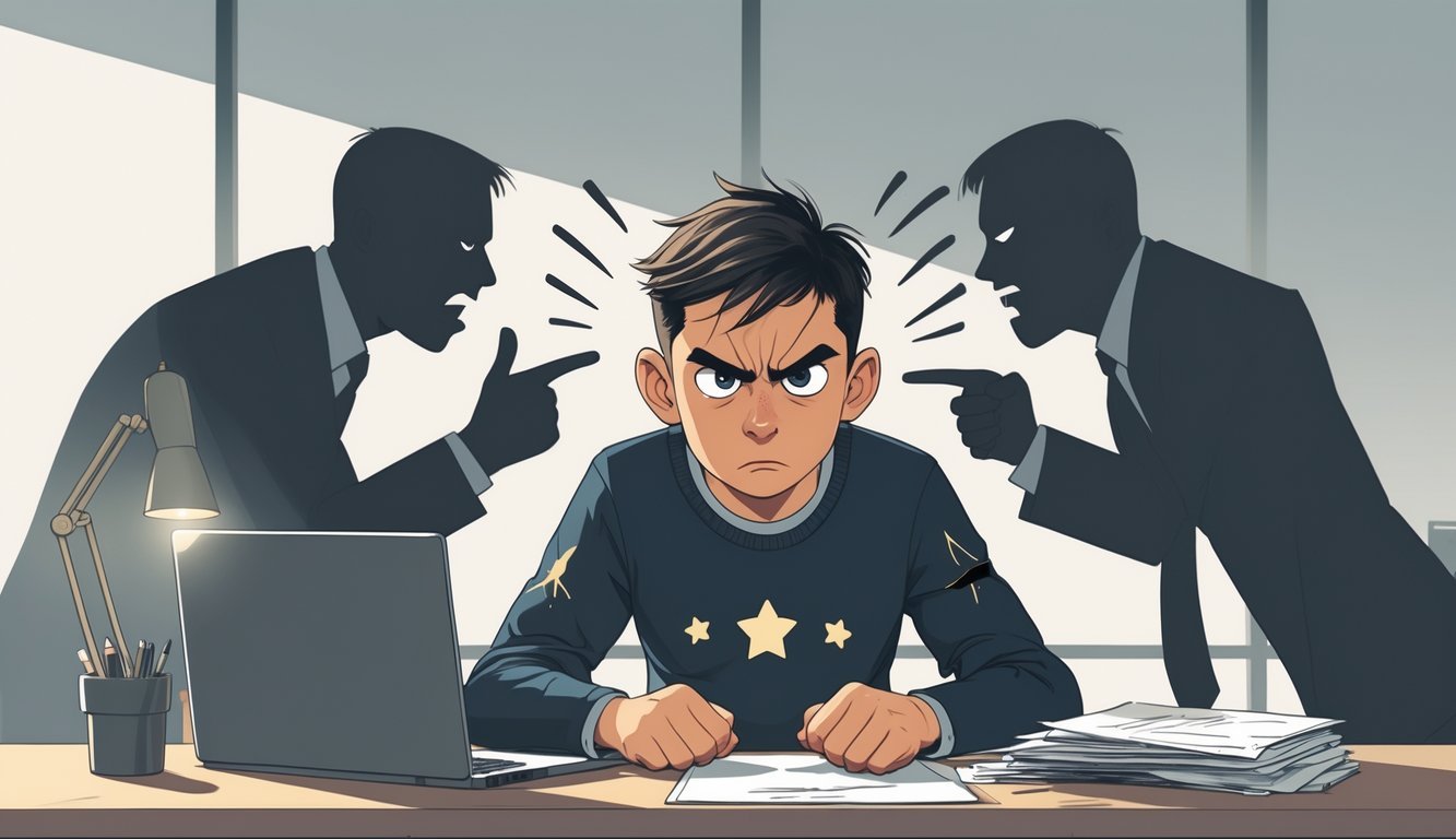 A frustrated person sitting at a desk with two figures pointing and speaking to them, showing annoyance and tension.