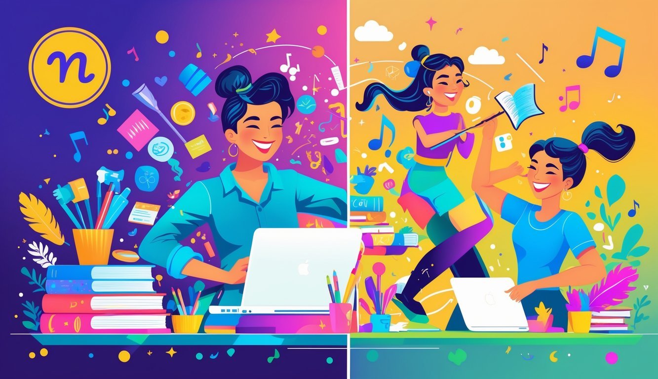 A person balancing work activities like reading and using a laptop with leisure activities such as dancing and socializing, representing a lively and balanced lifestyle.