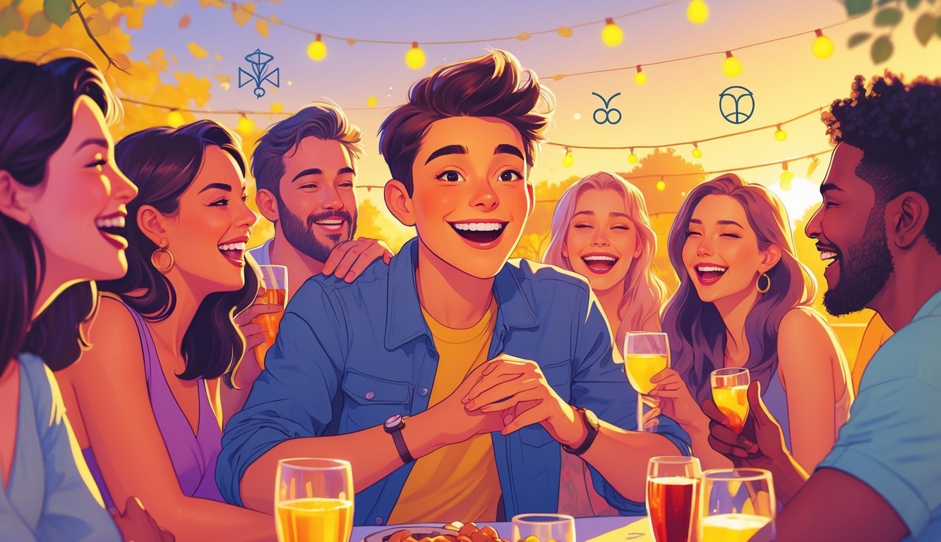 A cheerful person animatedly talking and laughing with friends at an outdoor social gathering during sunset.