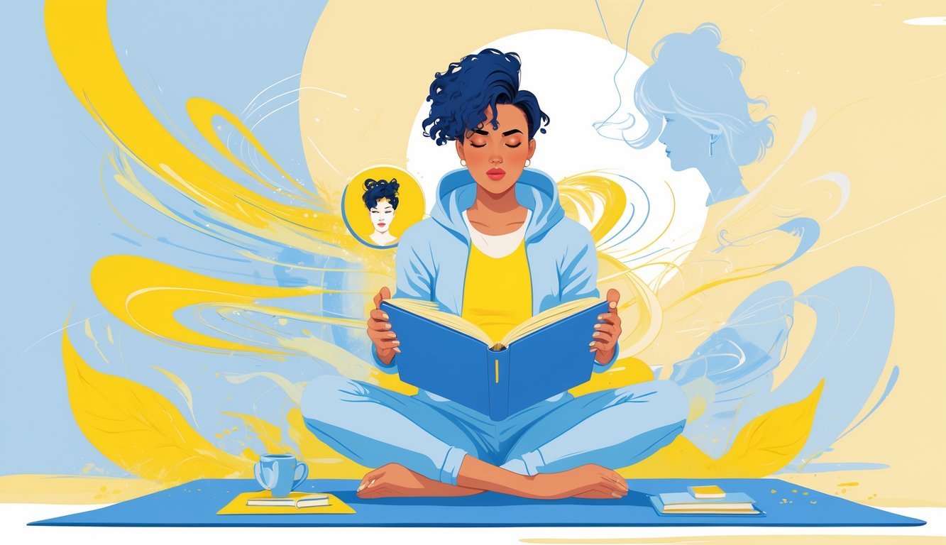 A person practicing yoga while reading a book, surrounded by symbols representing Gemini, in a bright and energetic setting.