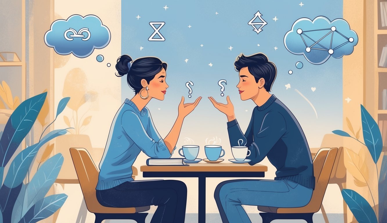 Two people sitting at a café table having an animated conversation surrounded by books and symbols representing ideas and Gemini traits.