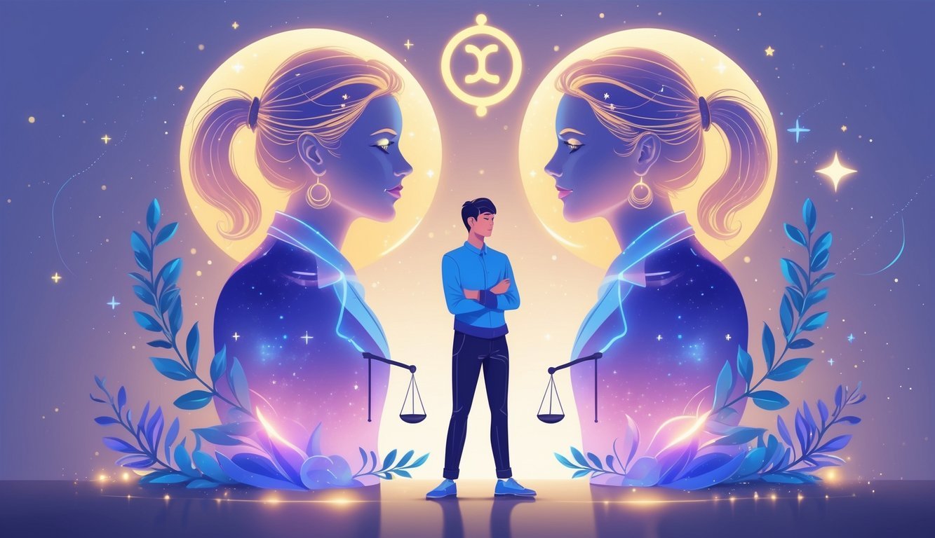 A person standing confidently with two translucent profiles facing opposite directions behind them, surrounded by symbols of balance and harmony against a starry background.