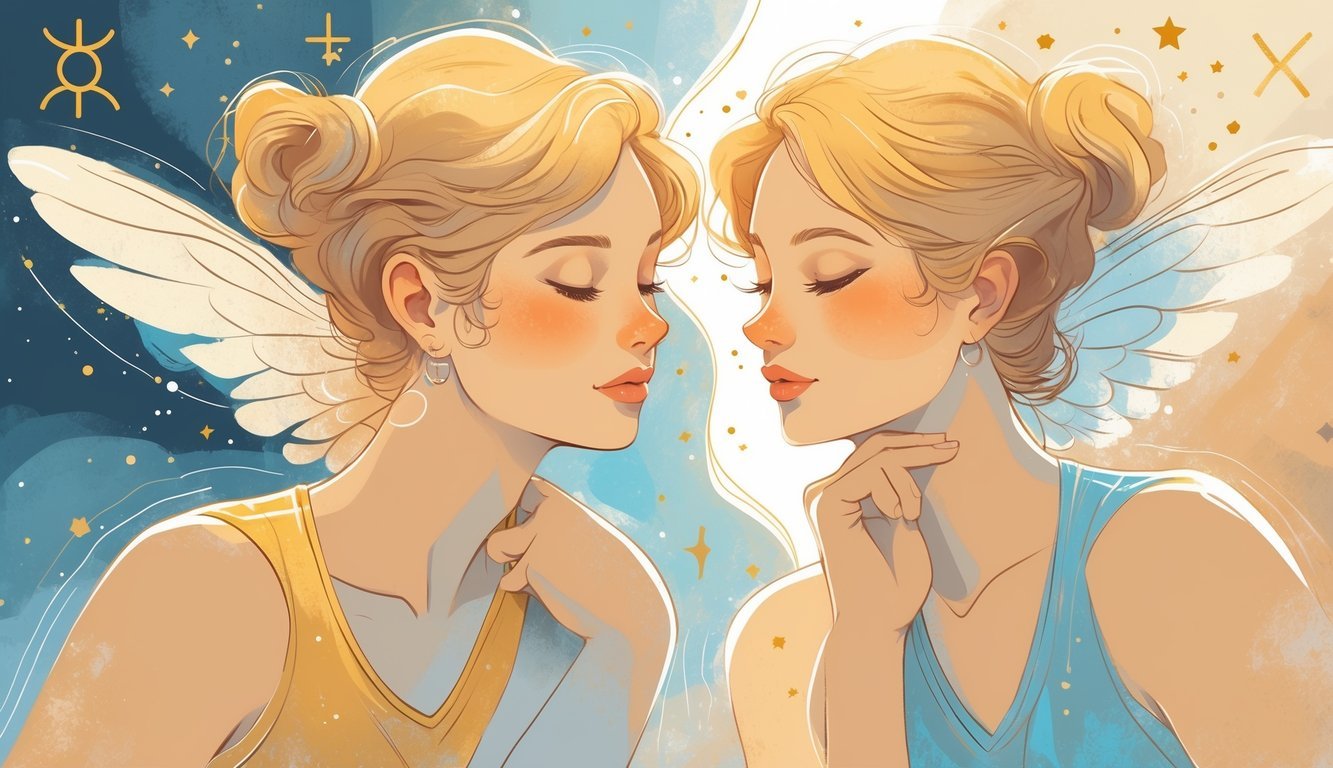 Two intertwined figures representing Gemini twins with contrasting expressions surrounded by stars and the Gemini zodiac symbol.