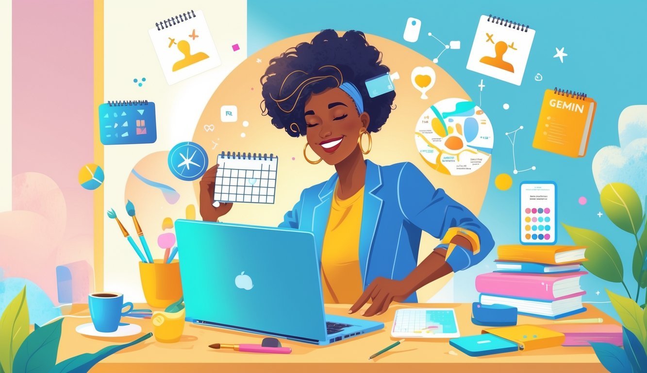 A person confidently multitasking in a bright workspace surrounded by various tools and symbols representing different responsibilities and interests, with subtle twin motifs in the background.