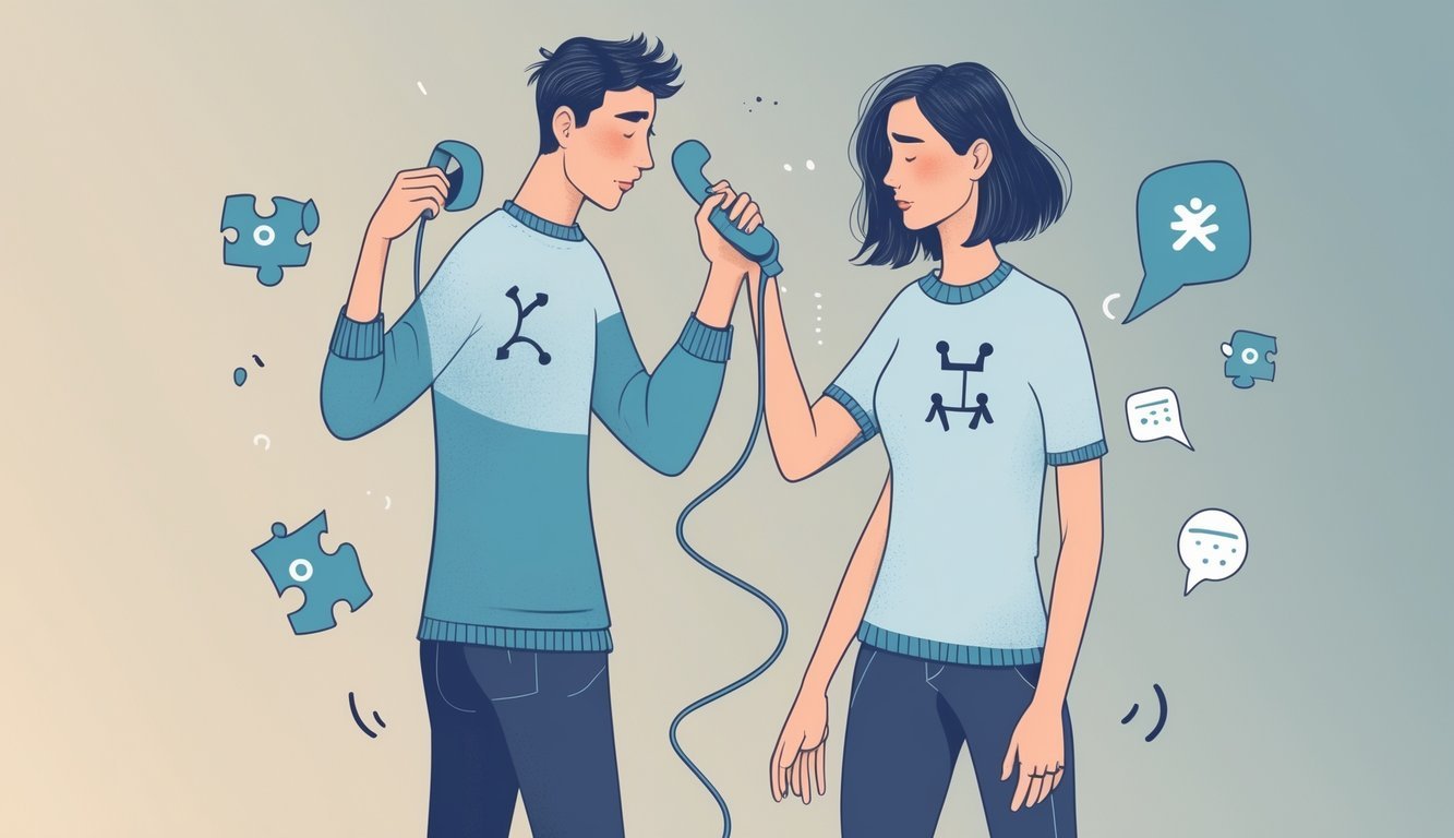 Two people representing a Gemini couple showing signs of communication problems, with one looking frustrated holding a broken string telephone and the other looking distracted, surrounded by symbols indicating relationship issues.