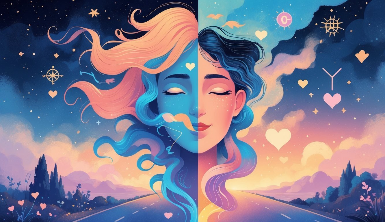 An illustration showing a figure split into two halves, one side symbolizing freedom and adventure with birds and a compass, the other side representing commitment with intertwined hands and hearts, set against a starry sky with zodiac symbols.