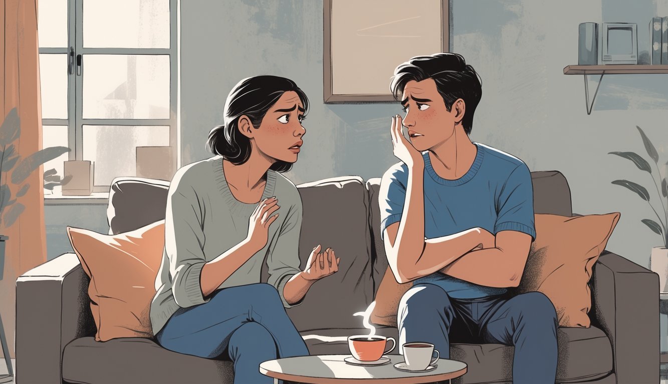 Two people in a living room showing tension; one looks concerned and tries to talk while the other turns away with crossed arms and a silent expression.