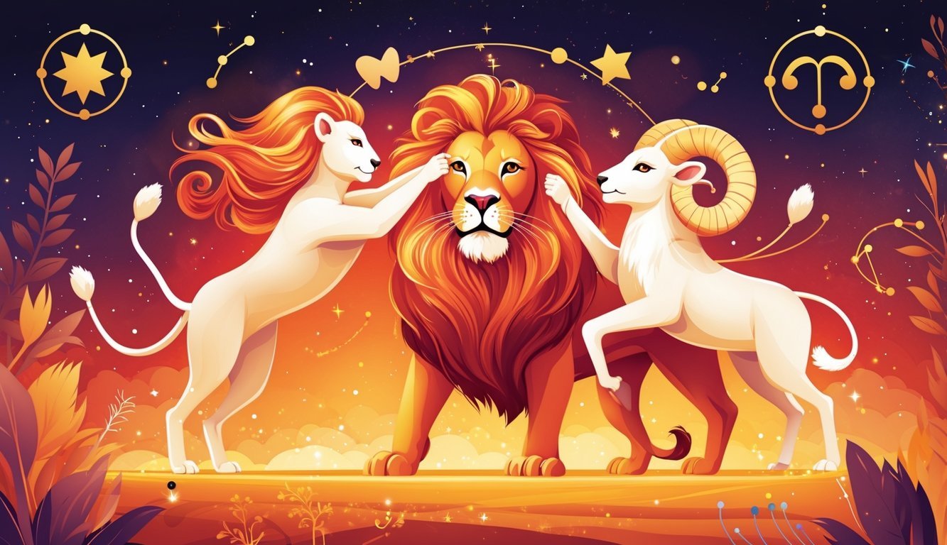 Three symbolic figures representing Gemini twins, a lion, and a ram interacting warmly against a cosmic background with stars.