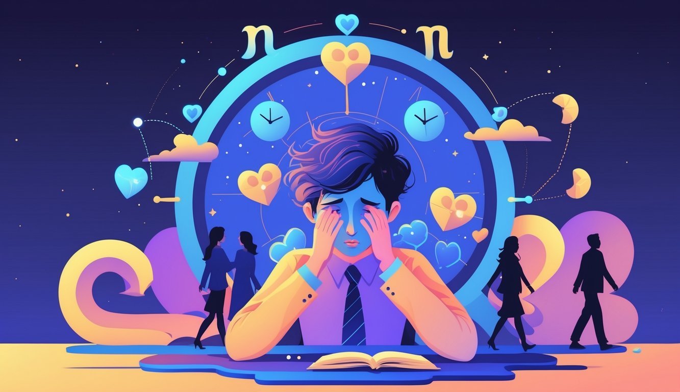 A person with two faces showing conflicting emotions, surrounded by symbols of broken hearts, clocks, and fading figures, with a Gemini constellation in the background.