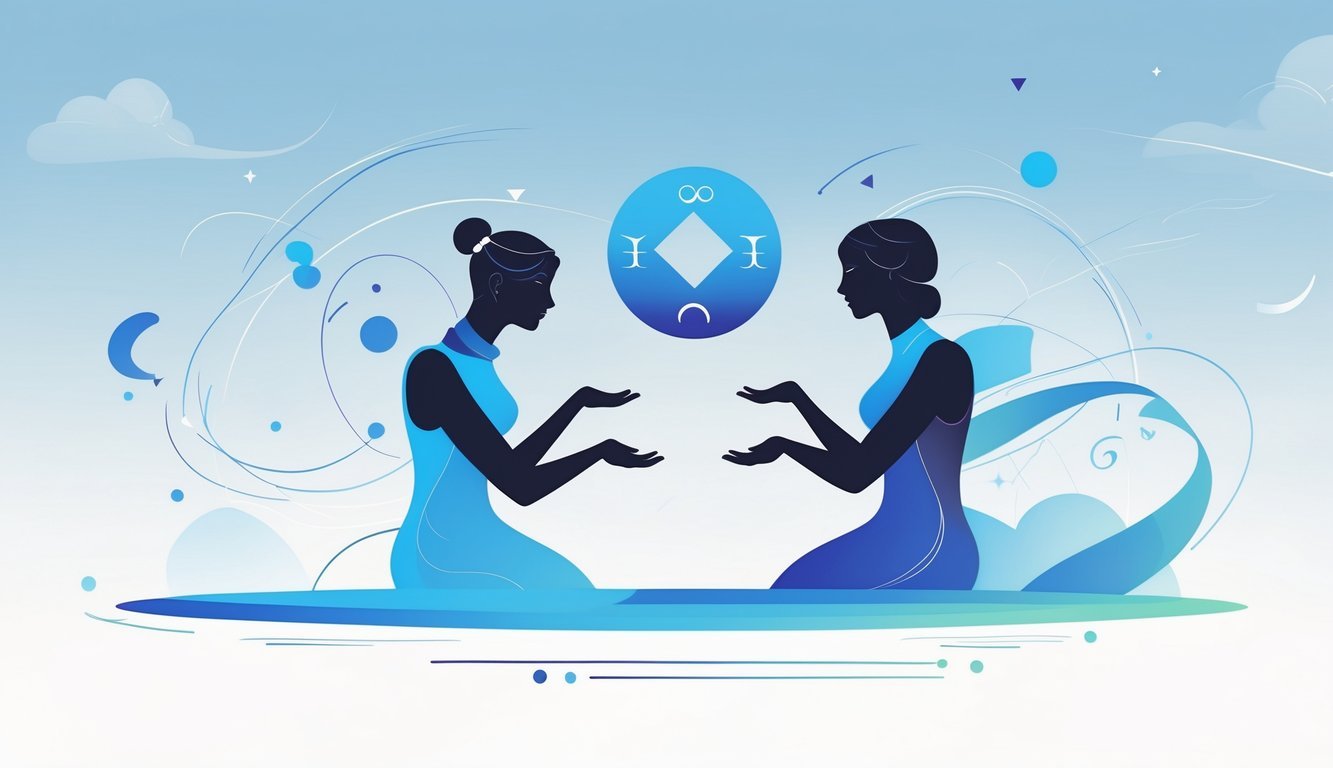 Three stylized human figures representing Libra, Aquarius, and Gemini surrounded by zodiac symbols and airy patterns, interacting harmoniously.