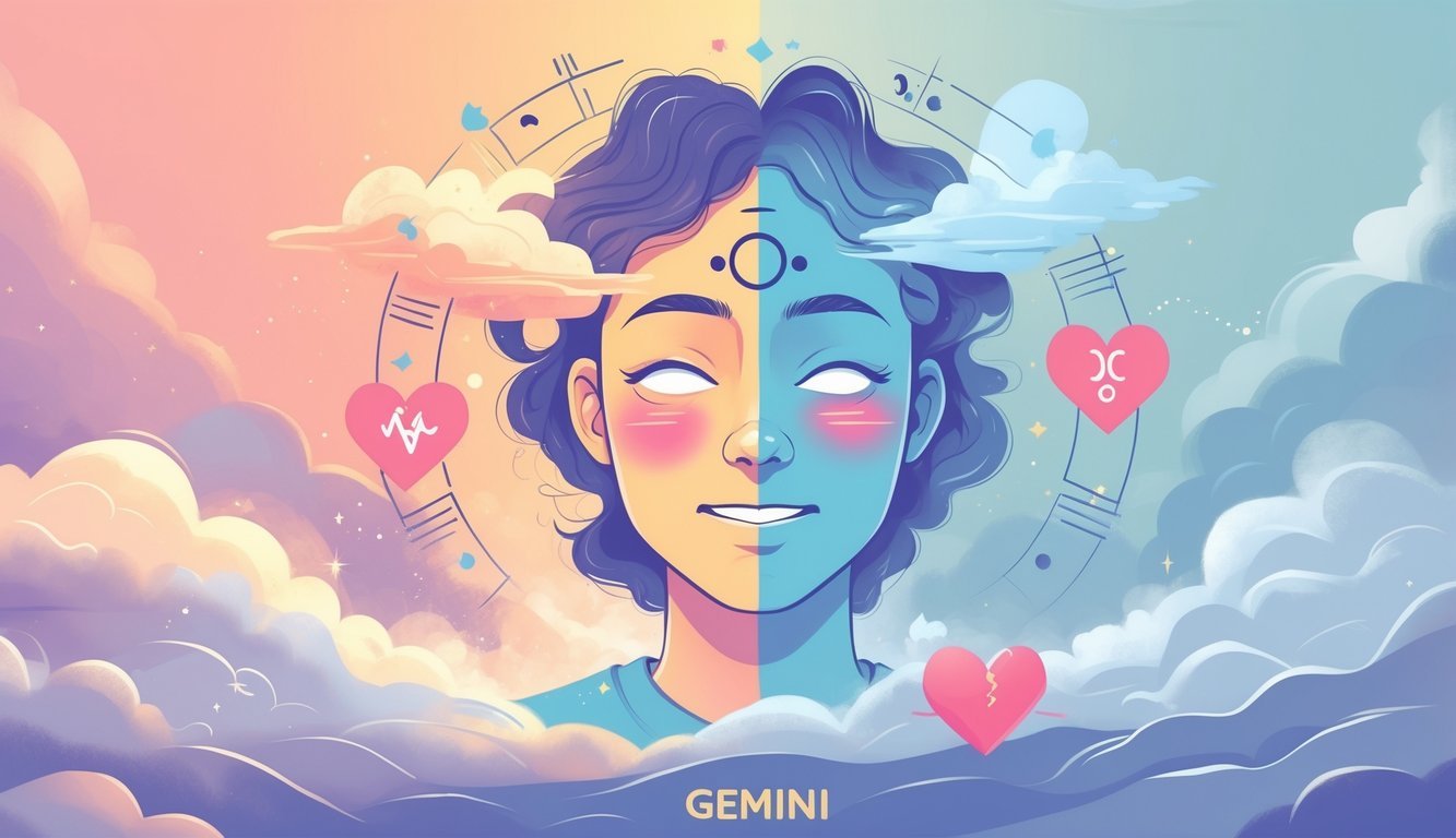 A person with two contrasting facial expressions representing mood swings, surrounded by Gemini symbols and subtle red flags indicating relationship warning signs.