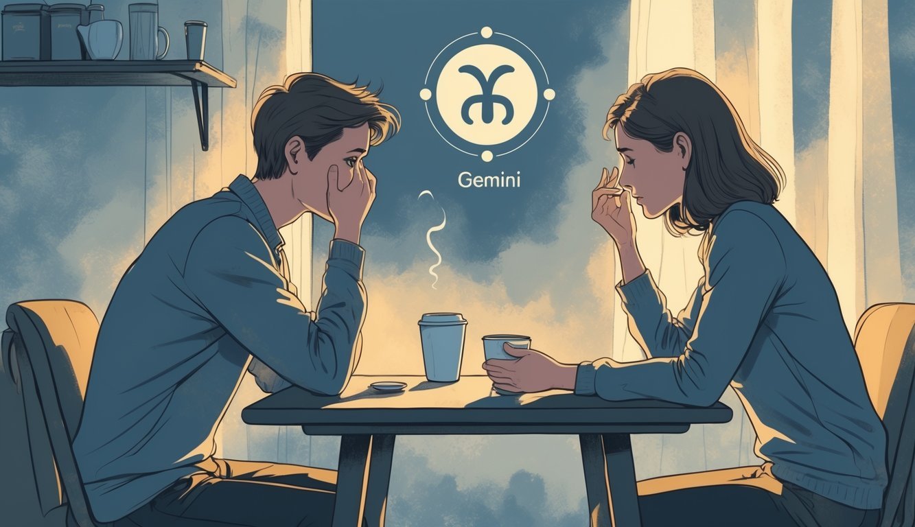 Two people sitting at a table; one looks away avoiding eye contact while the other reaches out with concern, with a faint Gemini symbol glowing in the background.