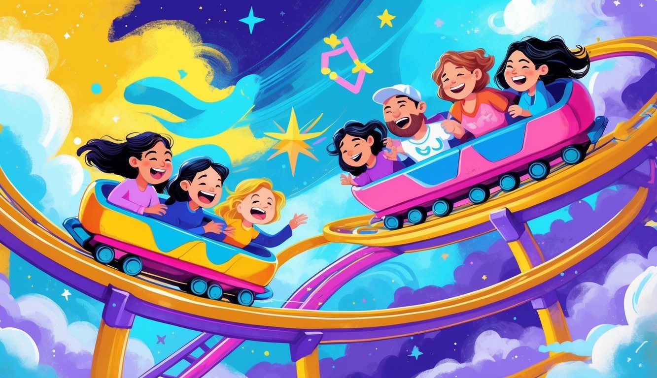 A colorful rollercoaster shaped like the Gemini symbol with people showing various moods riding it, set against a bright sky with stars and wind motifs.