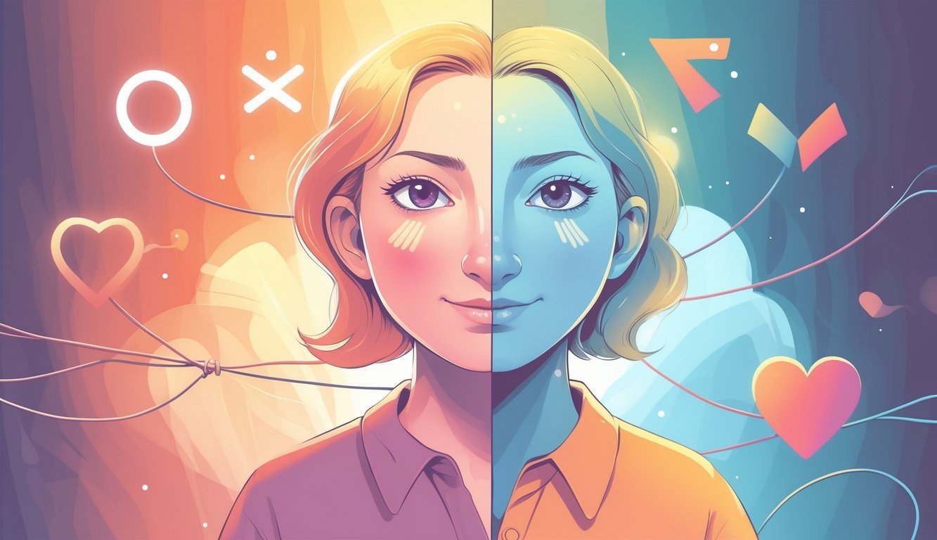 A person showing two contrasting facial expressions, one side smiling and the other side suspicious, surrounded by twin symbols and subtle relationship warning signs.