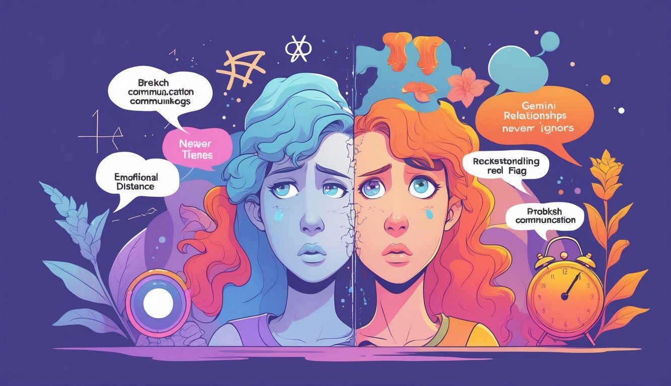 A person with two faces showing confusion and contemplation, surrounded by symbols representing seven relationship problems like broken communication, emotional distance, inconsistency, jealousy, dishonesty, neglect, and impatience.