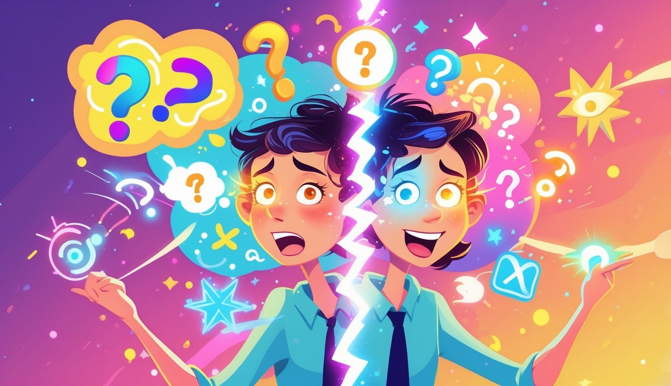A person with two contrasting expressions, one confused and distracted, the other lively and animated, surrounded by Gemini symbols and colorful abstract shapes.