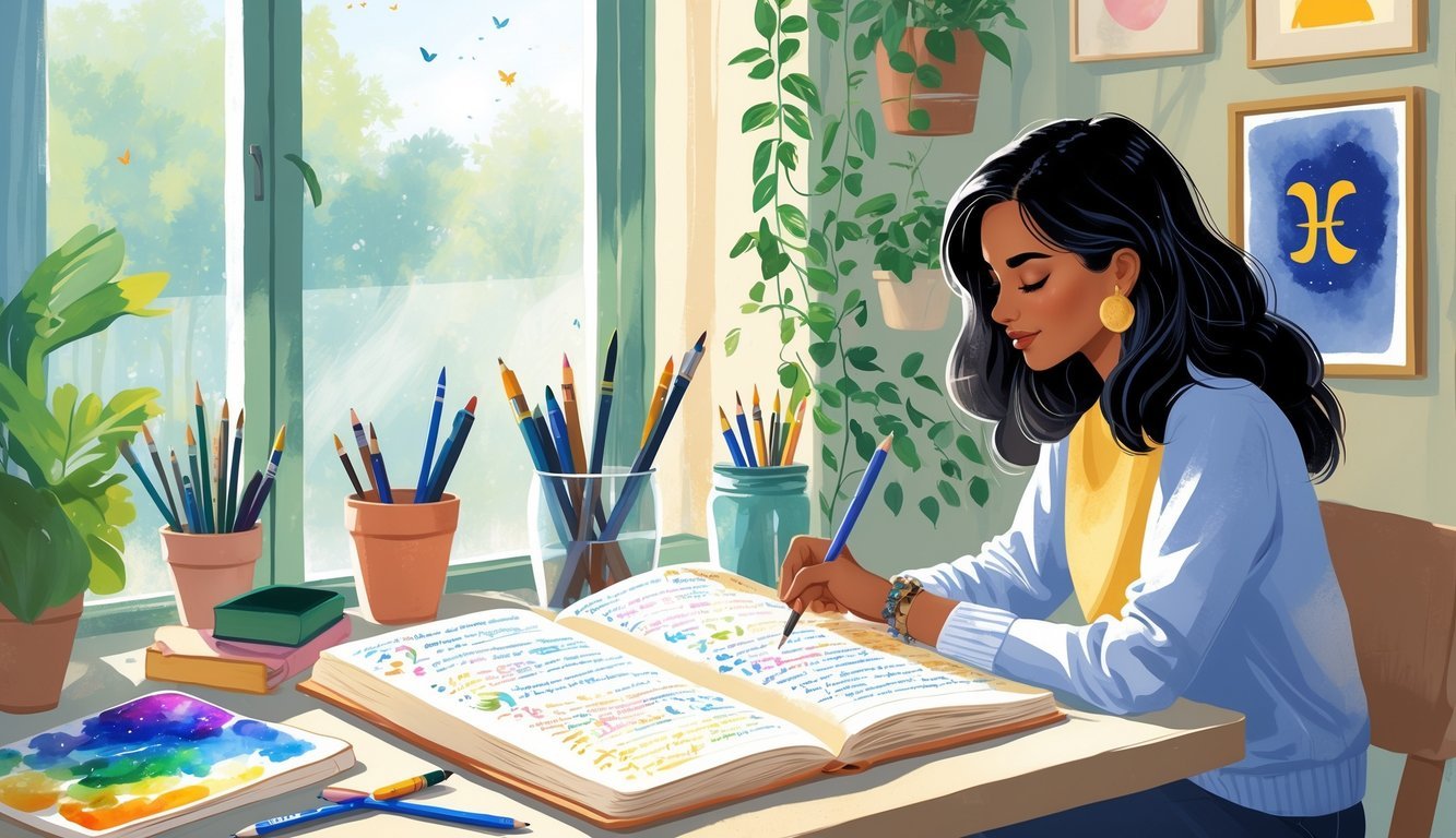 A person writing in an open journal at a well-lit desk surrounded by pens and art supplies, with subtle Gemini-themed decorations in the background.