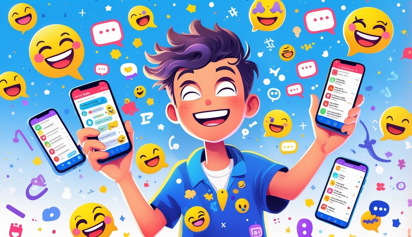 A cheerful person surrounded by multiple smartphones and colorful messaging icons, smiling and multitasking while vibrant zodiac stars float in the background.