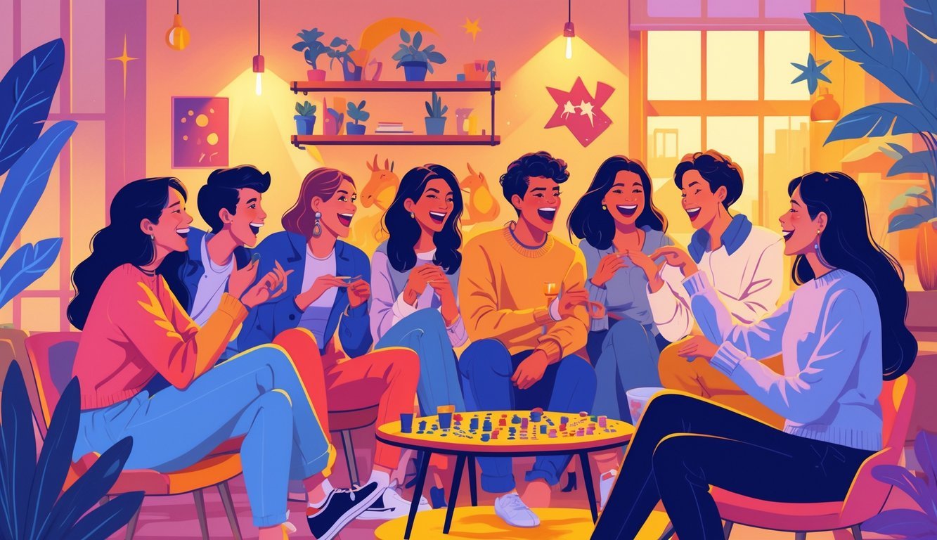 A group of diverse young adults enjoying spontaneous social activities together in a cozy urban setting during early evening.