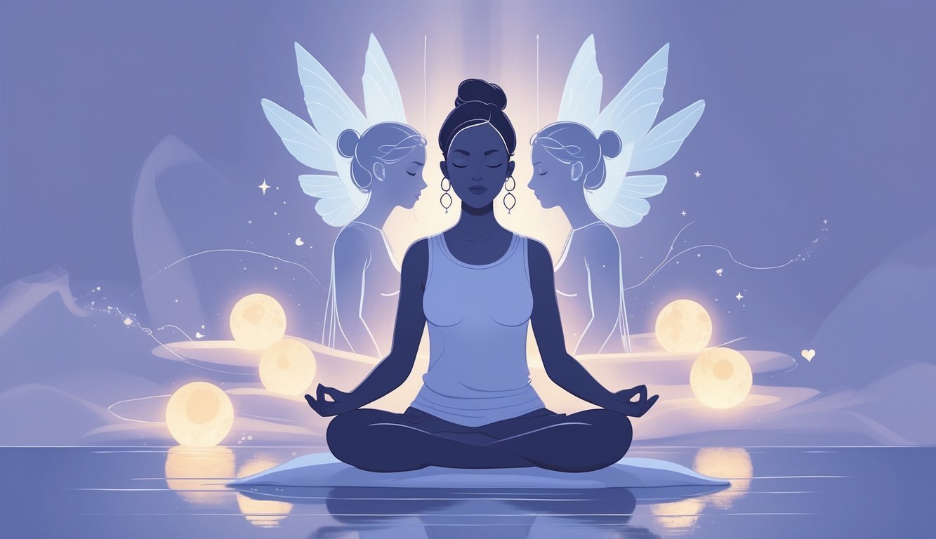 A person sitting cross-legged with eyes closed, surrounded by two faint silhouettes and six glowing orbs, symbolizing balance and mindfulness.