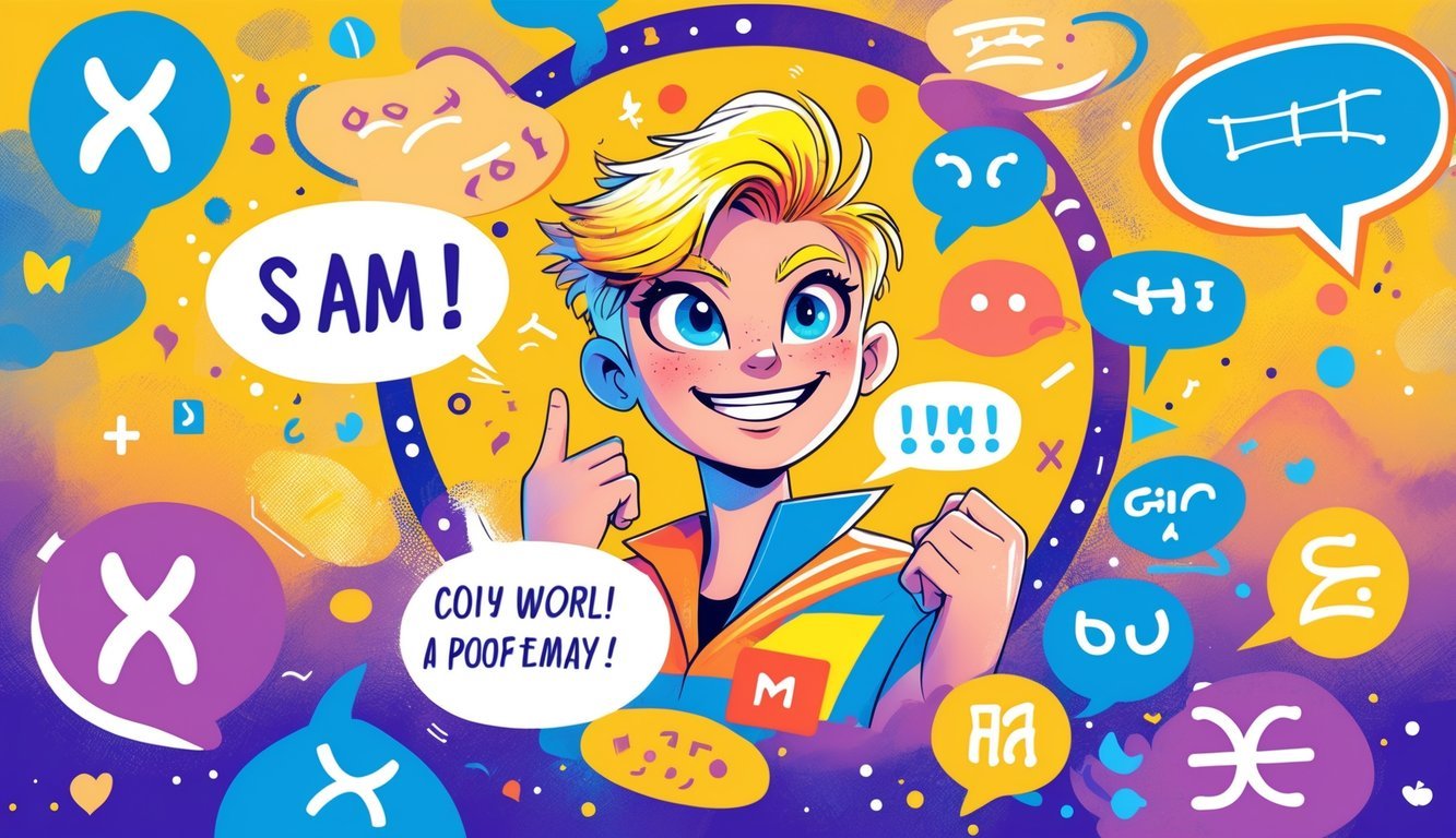 A confident young person smiling mischievously, surrounded by colorful speech bubbles and subtle zodiac symbols representing Gemini energy.