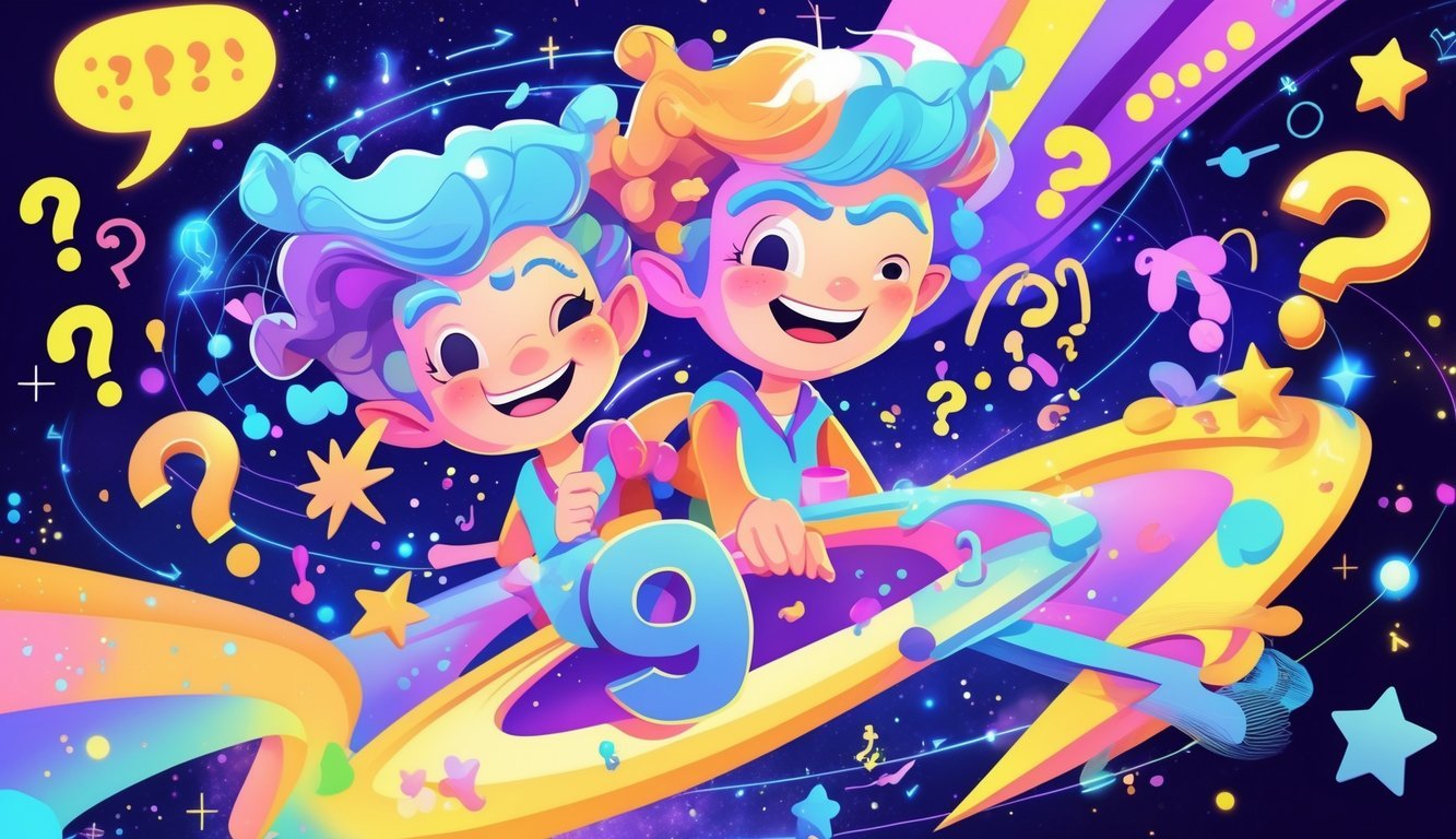 A lively character with two faces surrounded by colorful question marks and stars, representing curiosity and playful energy.